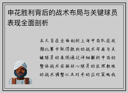 申花胜利背后的战术布局与关键球员表现全面剖析